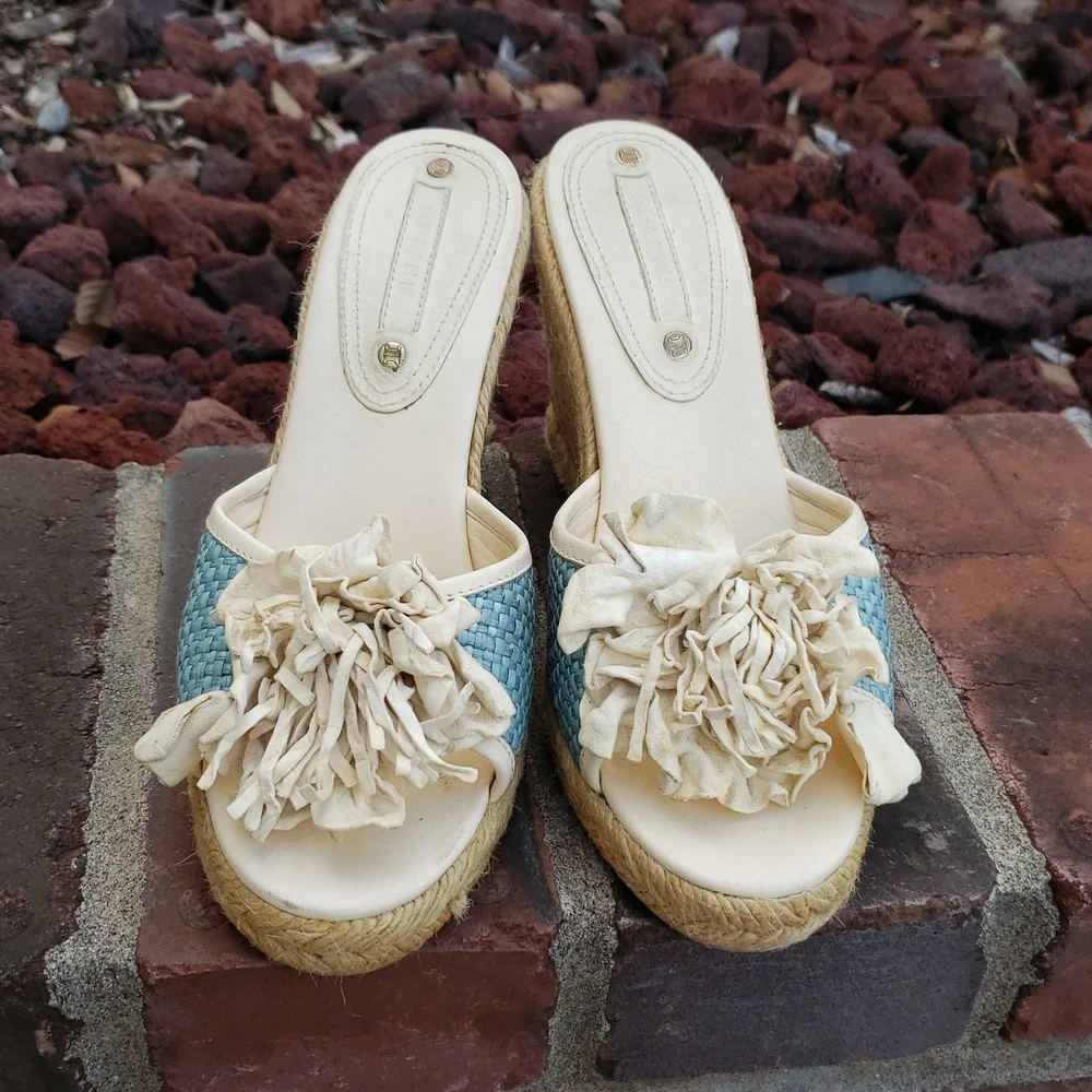 Vintage Celine Espadrille Floral Leather Wedge Sandal Size 36 Luxury Bohemian
